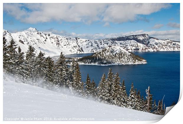 Beautiful view of Crater Lake covered in snow in t Print by Jamie Pham