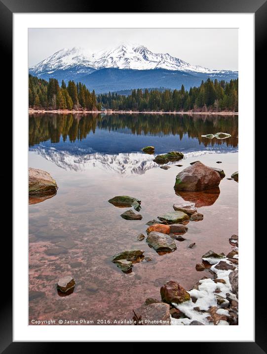 A dramatic view of Mount Shasta from Lake Siskiyou Framed Mounted Print by Jamie Pham