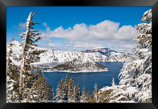 Beautiful view of Crater Lake covered in snow in t Framed Print by Jamie Pham
