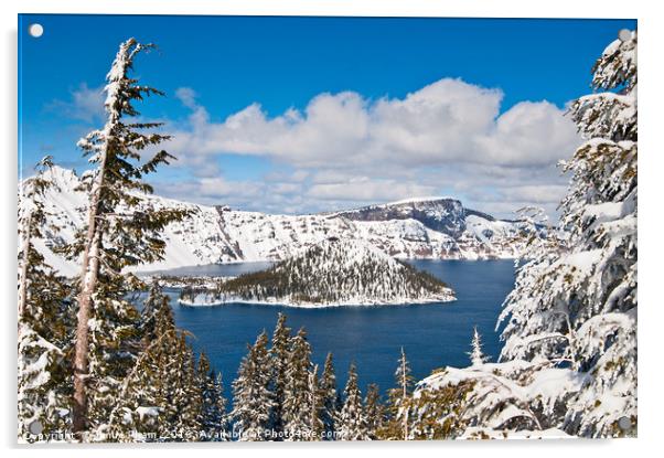 Beautiful view of Crater Lake covered in snow in t Acrylic by Jamie Pham