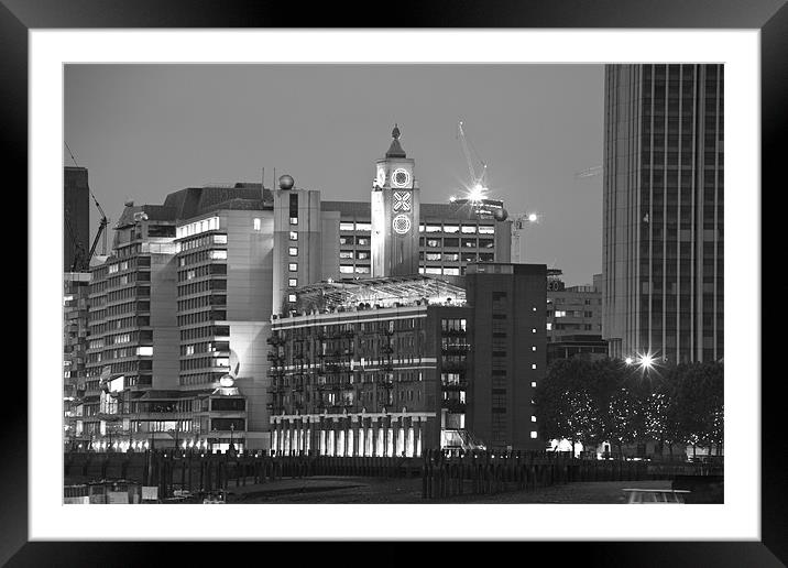 Night view of the Oxo Tower BW Framed Mounted Print by David French