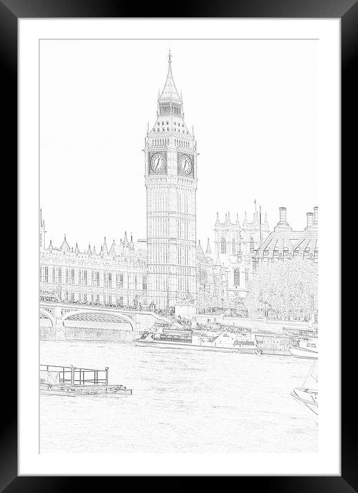 Pencil Sketch Queen Elizabeth Tower Big Ben London Framed Mounted Print by Les Morris