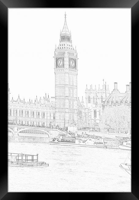Pencil Sketch Queen Elizabeth Tower Big Ben London Framed Print by Les Morris