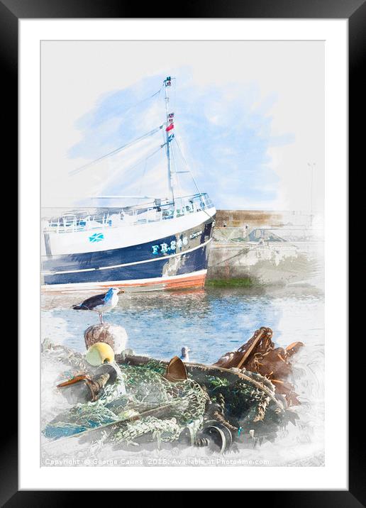 Seagull and Trawler in Scotland Framed Mounted Print by George Cairns