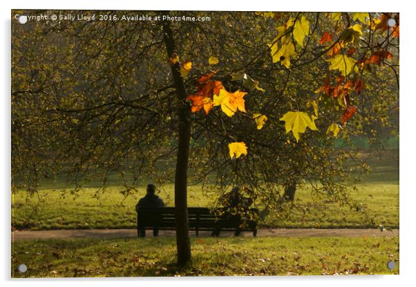 On the bench - Autumn Acrylic by Sally Lloyd