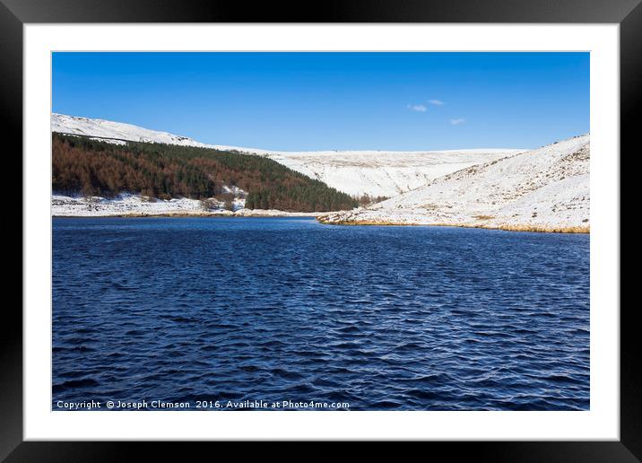 Dove Stone reservoir in winter snow Framed Mounted Print by Joseph Clemson