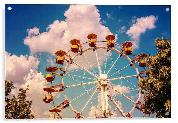Ferris Wheel In Fun Park On Blue Sky Acrylic by Radu Bercan