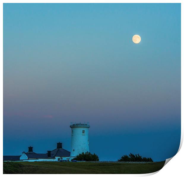Old Nash Point Lighthouse and Moon Glamorgan Coast Print by Nick Jenkins