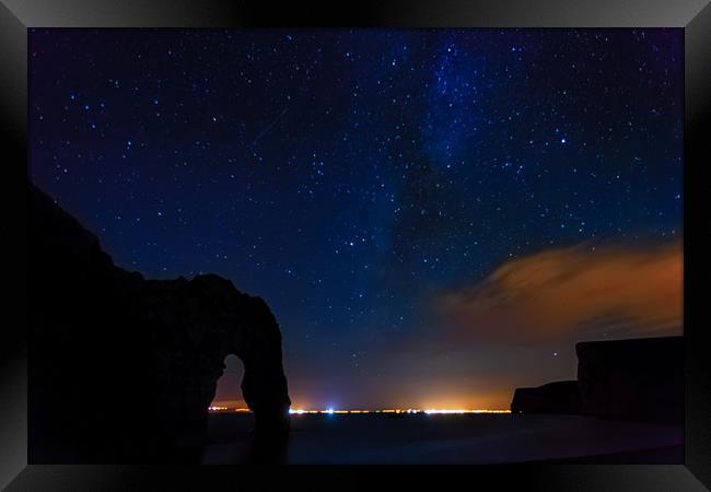 Durdle Door, the Milky way and the meteor Framed Print by Anthony Simpson