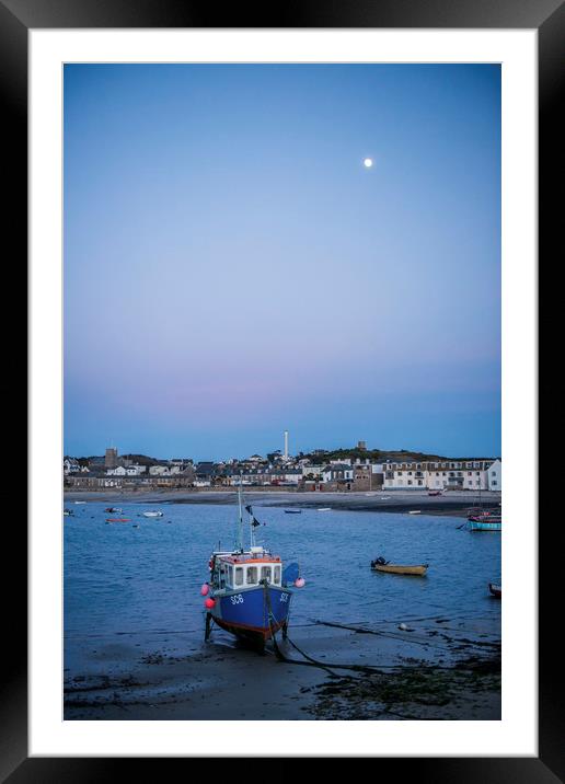 Hugh Town Harbour Isles of Scilly in Moonlight Framed Mounted Print by Nick Jenkins