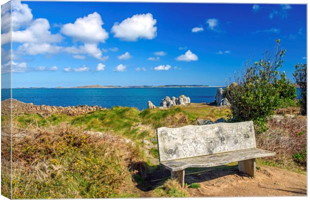 Carved Wooden Bench on St Agnes Isles of Scilly Canvas Print by Nick Jenkins