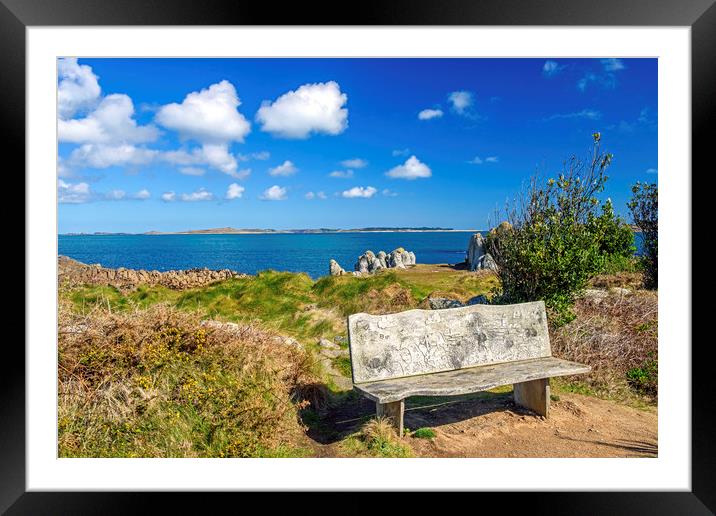 Carved Wooden Bench on St Agnes Isles of Scilly Framed Mounted Print by Nick Jenkins