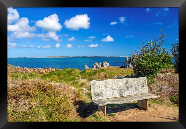 Carved Wooden Bench on St Agnes Isles of Scilly Framed Print by Nick Jenkins