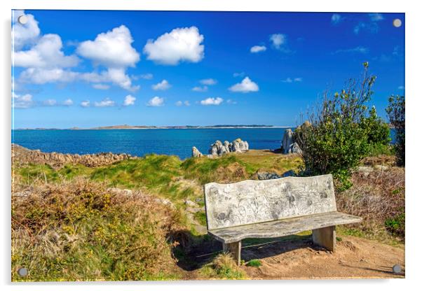 Carved Wooden Bench on St Agnes Isles of Scilly Acrylic by Nick Jenkins