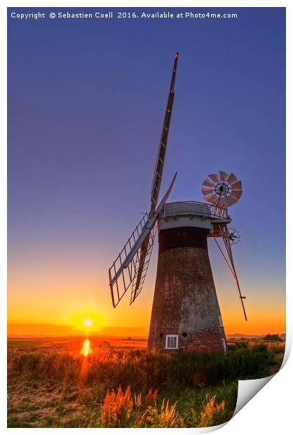 Sunset at Thurne mill Print by Sebastien Coell