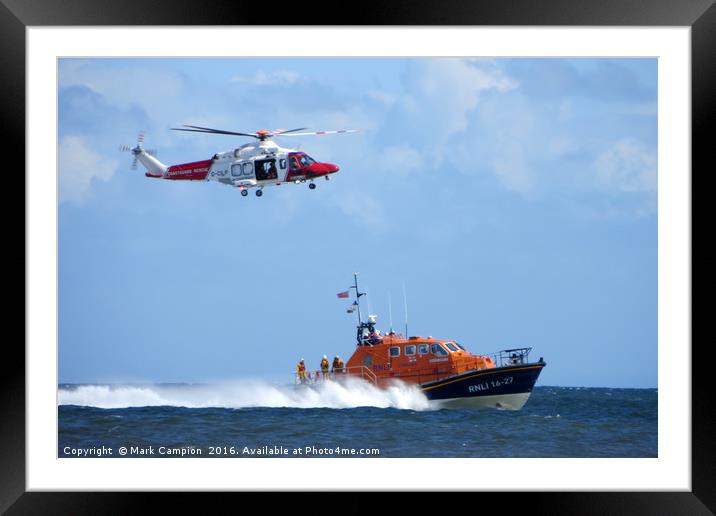 Sea rescue featuring coastguard helicopter and RNL Framed Mounted Print by Mark Campion