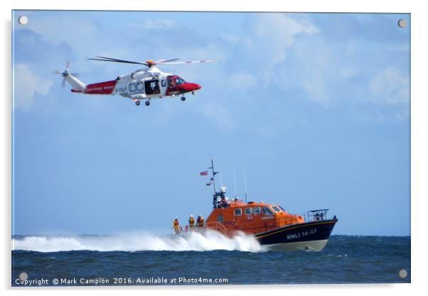 Sea rescue featuring coastguard helicopter and RNL Acrylic by Mark Campion