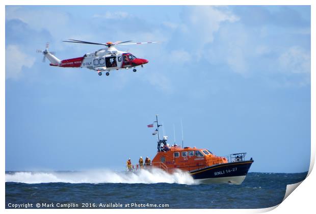 Sea rescue featuring coastguard helicopter and RNL Print by Mark Campion