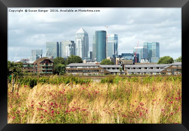 London Docklands view from Greenwich Framed Print by Susan Sanger