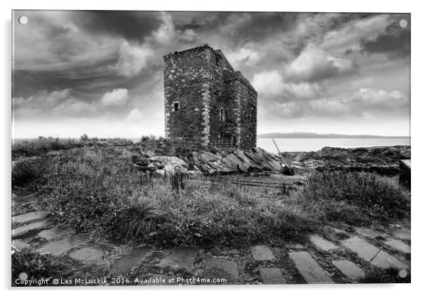 Majestic Portencross Castle overlooking the rugged Acrylic by Les McLuckie