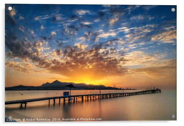 Puerto de Alcudia beach pier at sunrise in Mallorc Acrylic by Andrei Bortnikau