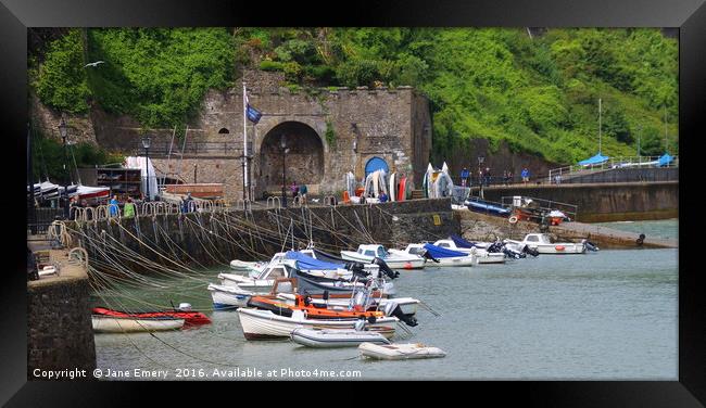Moored up to the Harbour Wall, Tenby Framed Print by Jane Emery