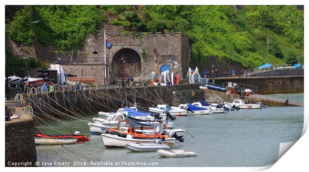 Moored up to the Harbour Wall, Tenby Print by Jane Emery