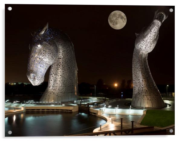 Full moon at the Kelpies. Acrylic by Tommy Dickson