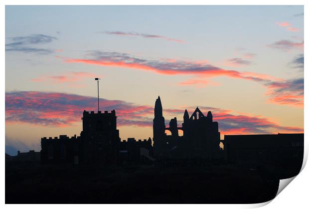 Whitby Abbey and St Mary's Church at sunrise Print by Chris Harris