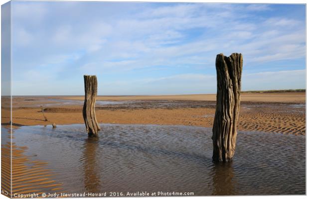 Wooden Posts, Titchwell beach Canvas Print by Judy Newstead-Howard