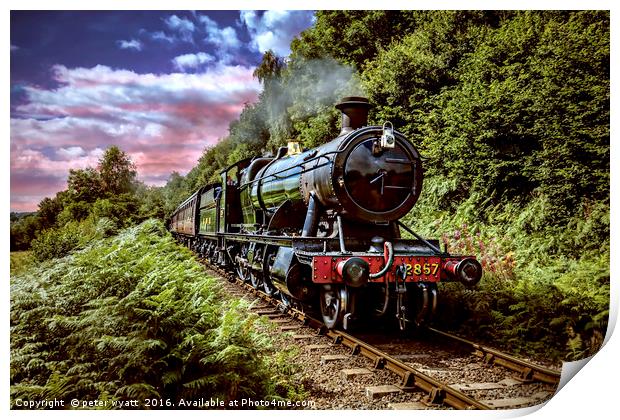 Steam train in the valley Print by peter wyatt