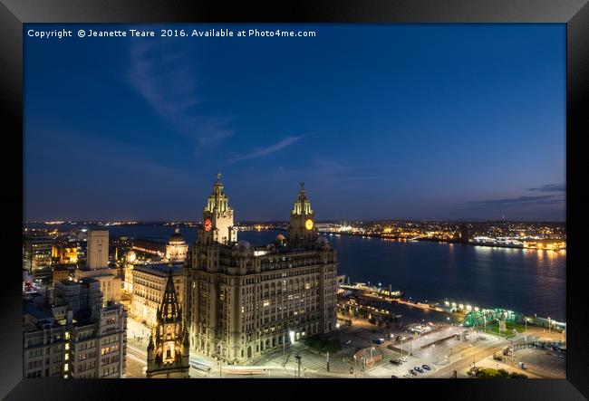 Liverpool liver building and River Mersey at night Framed Print by Jeanette Teare