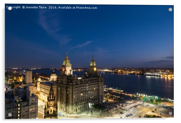 Liverpool liver building and River Mersey at night Acrylic by Jeanette Teare