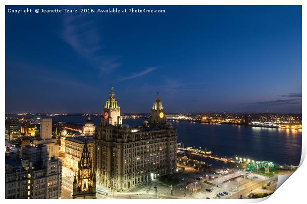 Liverpool liver building and River Mersey at night Print by Jeanette Teare