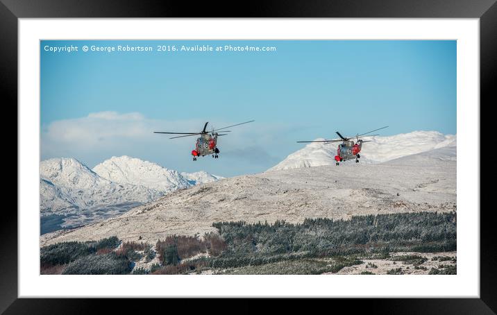 Helicopters Two Rescue Sea Kings flying near Ben L Framed Mounted Print by George Robertson
