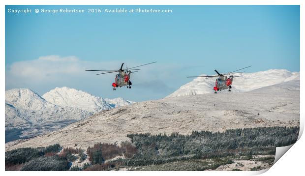 Helicopters Two Rescue Sea Kings flying near Ben L Print by George Robertson