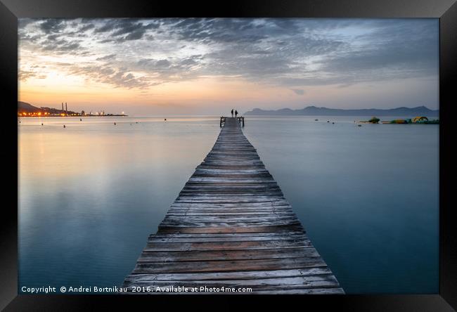 Puerto de Alcudia beach pier at sunrise in Mallorc Framed Print by Andrei Bortnikau