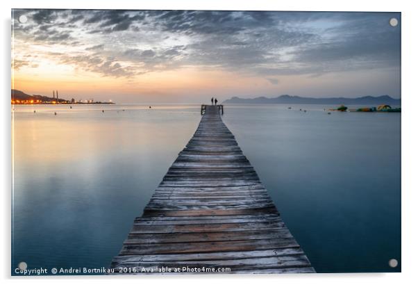 Puerto de Alcudia beach pier at sunrise in Mallorc Acrylic by Andrei Bortnikau