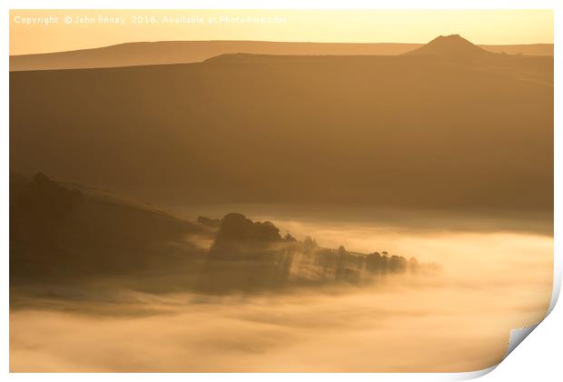 Winhill over a golden misty Hope valley at sunrise Print by John Finney
