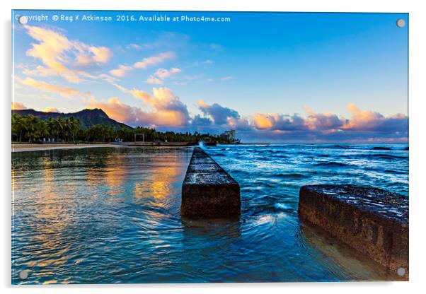 Waikiki Sunrise Acrylic by Reg K Atkinson