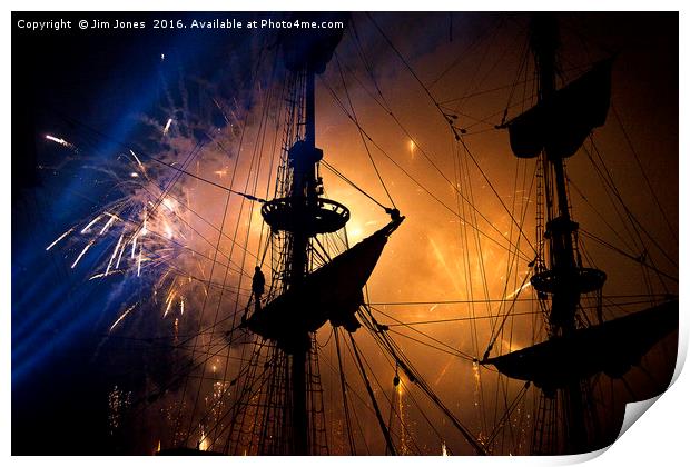 Fireworks and Tall Ships Print by Jim Jones