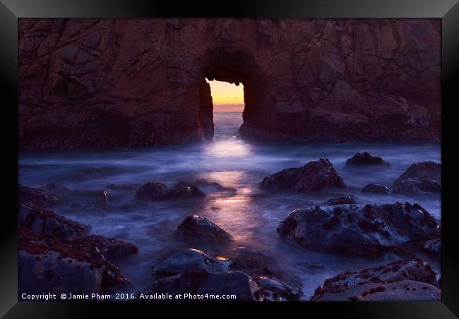 Sunset on Arch Rock in Pfeiffer Beach, Big Sur. Framed Print by Jamie Pham