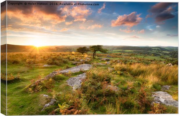 Sunset at Combestone Tor Canvas Print by Helen Hotson