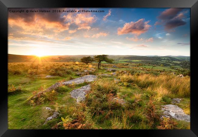 Sunset at Combestone Tor Framed Print by Helen Hotson