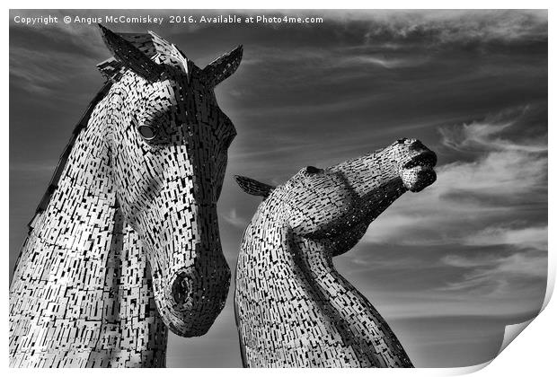 The Kelpies Falkirk black and white Print by Angus McComiskey