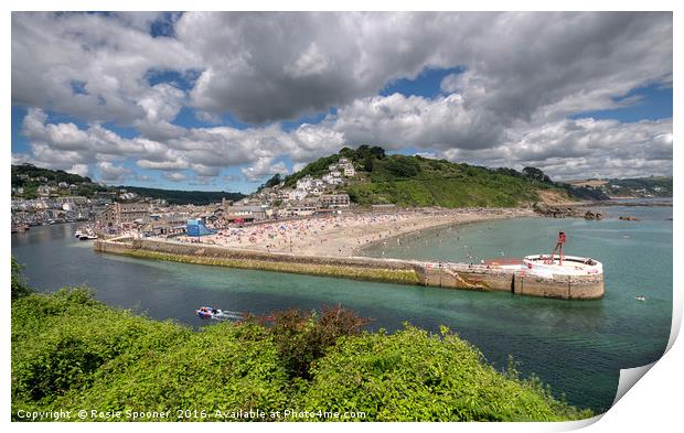Summer's Day looking down on Looe Beach and River Print by Rosie Spooner