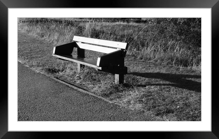 Wooden bench at Willen Lake Framed Mounted Print by Mitchell Nortje