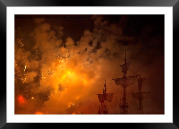 Ghost ships through fireworks Framed Mounted Print by Jim Jones