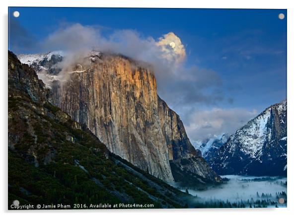 Dramatic moonrise over Yosemite National Park. Acrylic by Jamie Pham