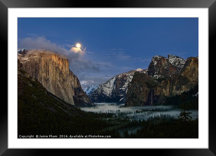 Dramatic moonrise over Yosemite National Park. Framed Mounted Print by Jamie Pham